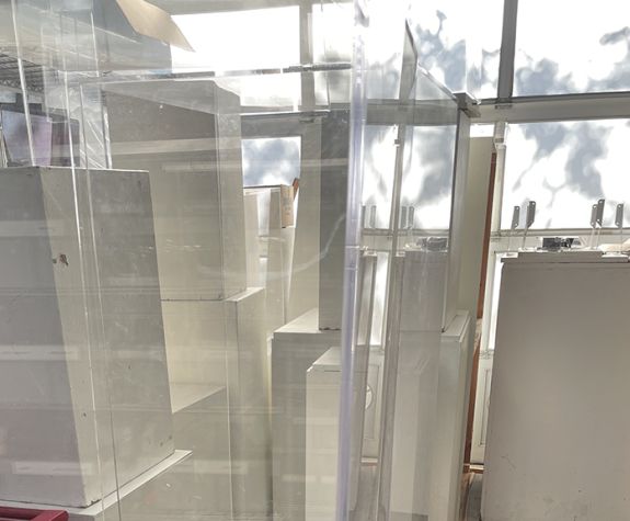 display cases in storage room