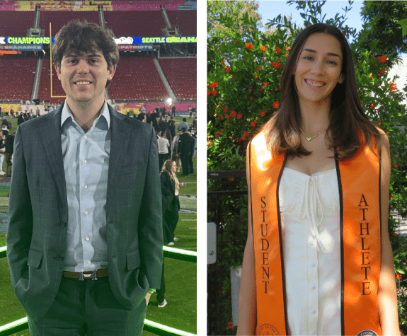 a male student stands in a stadium, and a female student stands by a tree