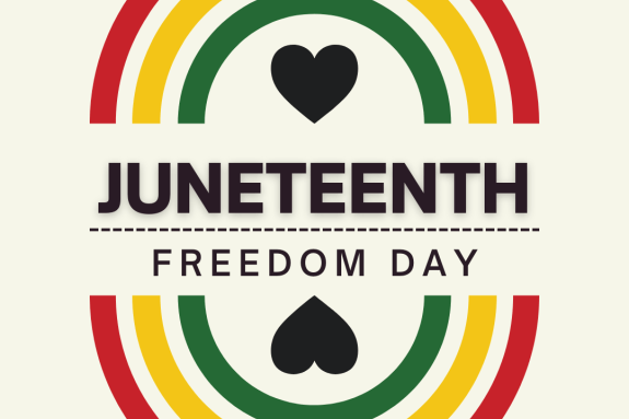 Small flyer with red, yellow, and green colored arcs around text that says Juneteenth: Freedom Day.