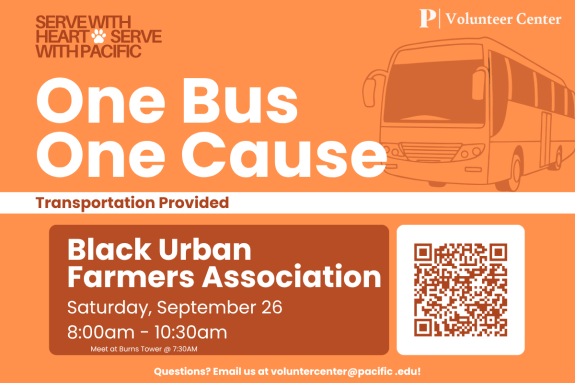 Join us on September 26 from 8:00 AM–10:30 AM for a volunteer opportunity at Black Urban Farm Association (BUFA)!  Make a meaningful impact, learn about urban agriculture, and support a healthier community!  Transportation is provided to and from the volunteer site.  Spots are limited, so register today to secure your seat and be part of this rewarding experience!  Have questions? Email volunteercenter@pacific.edu