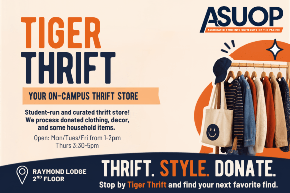 Clothing rack is next to text describing the event details. Text is in orange, blue, and tan font colors. 