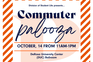 Orange and white flyer that says "Commuter Palooza" with event details, and a picture of PowerCat mascot. 
