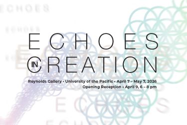 Pale green and purple geometric forms float behind text 