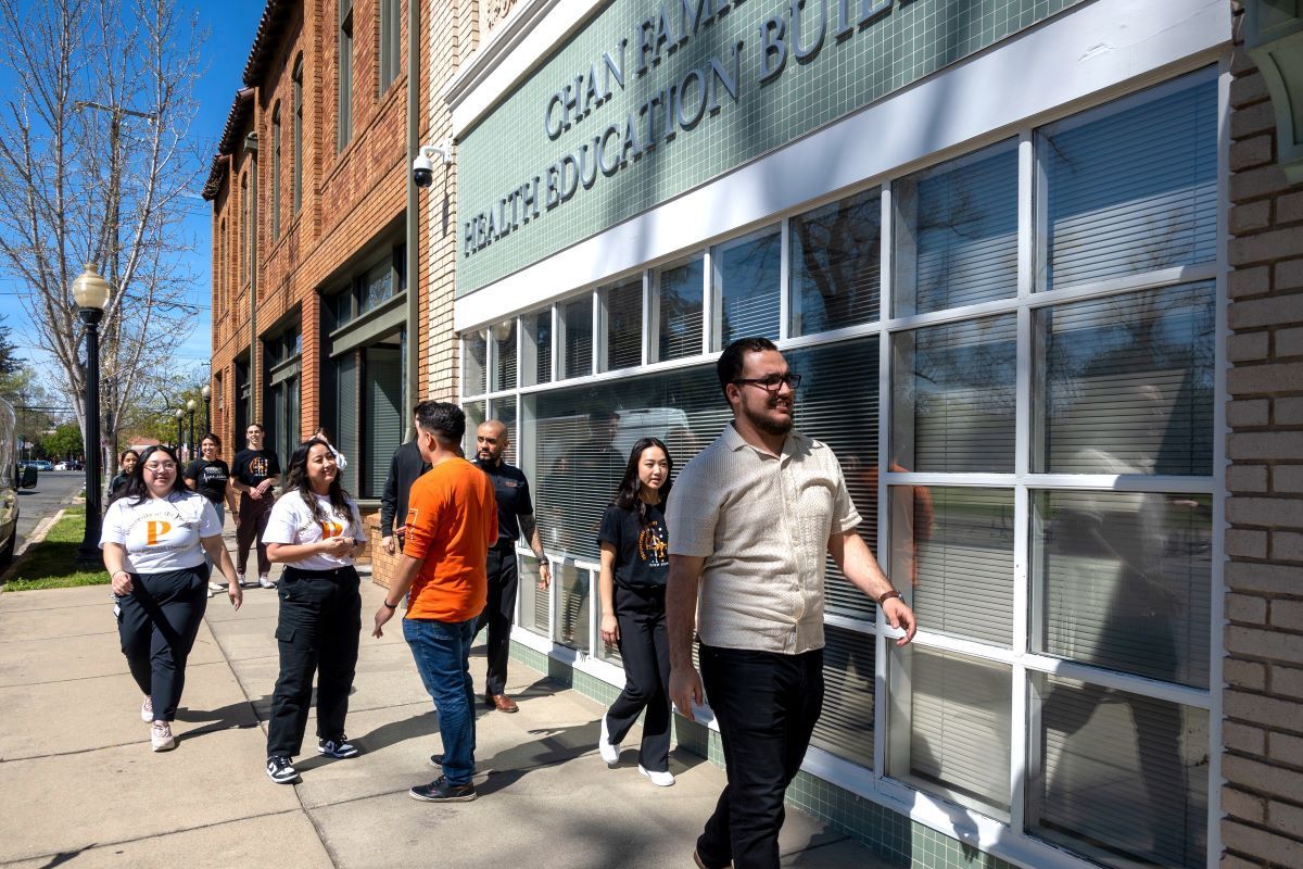 OT students walk down a sunny sidewalk