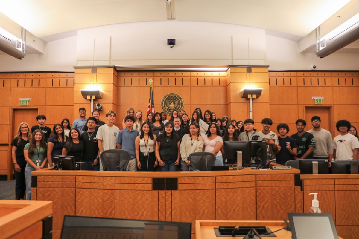 law student and faculty at the courthouse