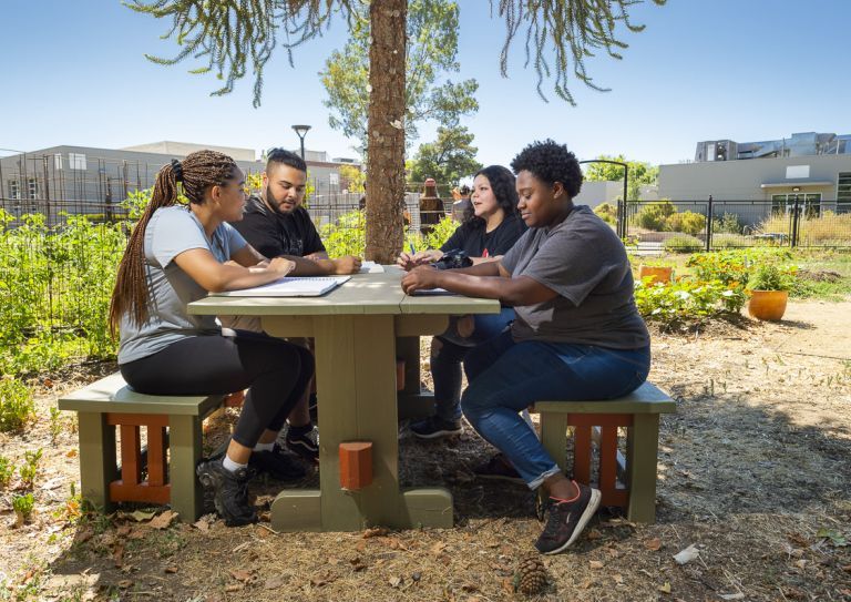 students sitting in Robb Garden