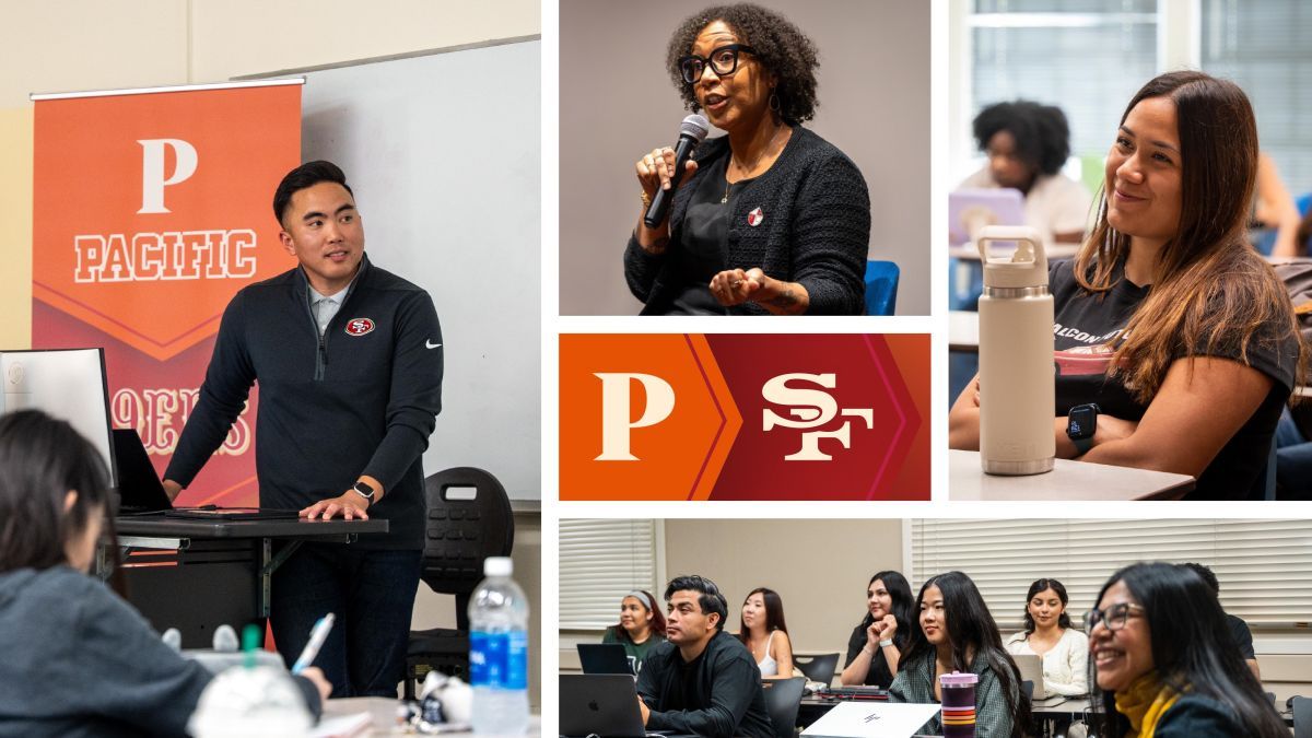 Collage image of 49ers staff speaking to Pacific students