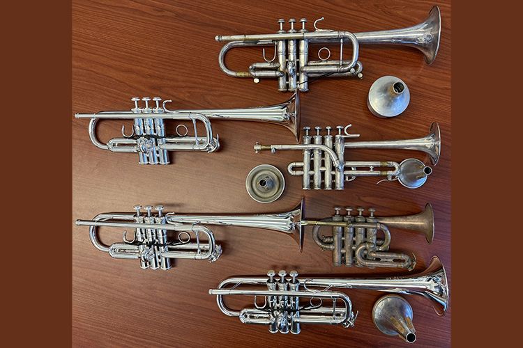 A display of artist level trumpets