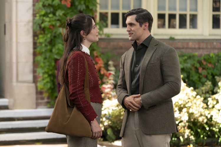 Charly Clive and Phil Dunster stand in front of a building on Pacific's campus