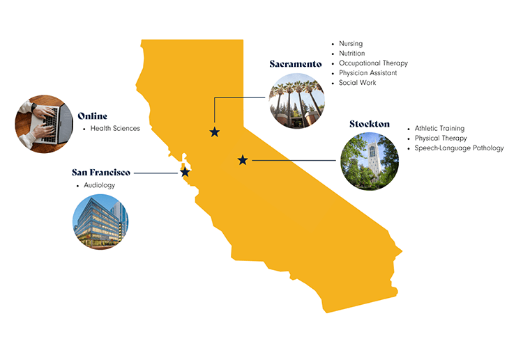 A map of California shows the locations of Pacific's School of Health Sciences' departments.