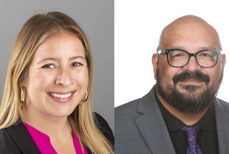 A graphic of two headshots, the picture on the left is a female and the picture on the right is a male. Both are wearing business attire.