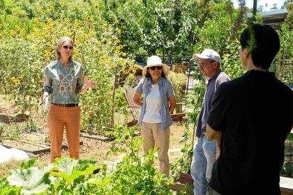 four people stand in a community garden