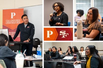 Collage image of 49ers staff speaking to Pacific students