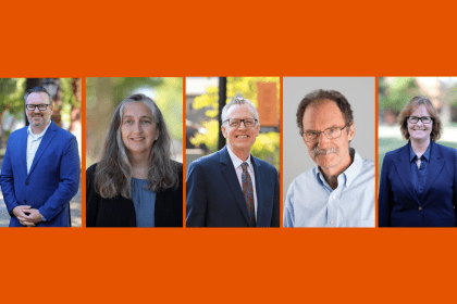 Five professional headshots are displayed on an orange background.