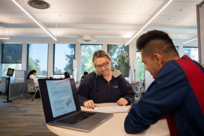 Two students studying in the library.