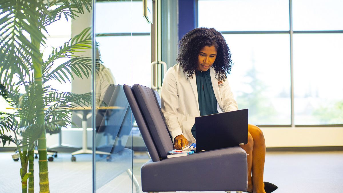 PharmD student with laptop outside quiet study area