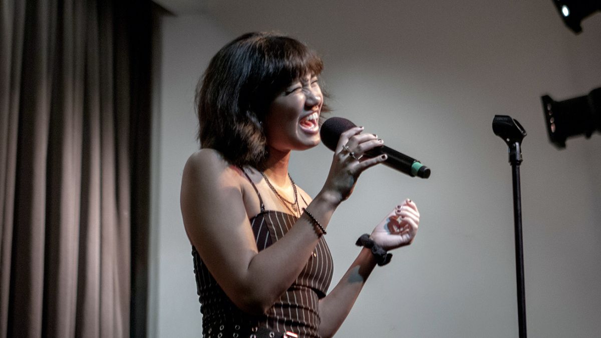 Music composition student Miranda Duarte records vocals at University of the Pacific