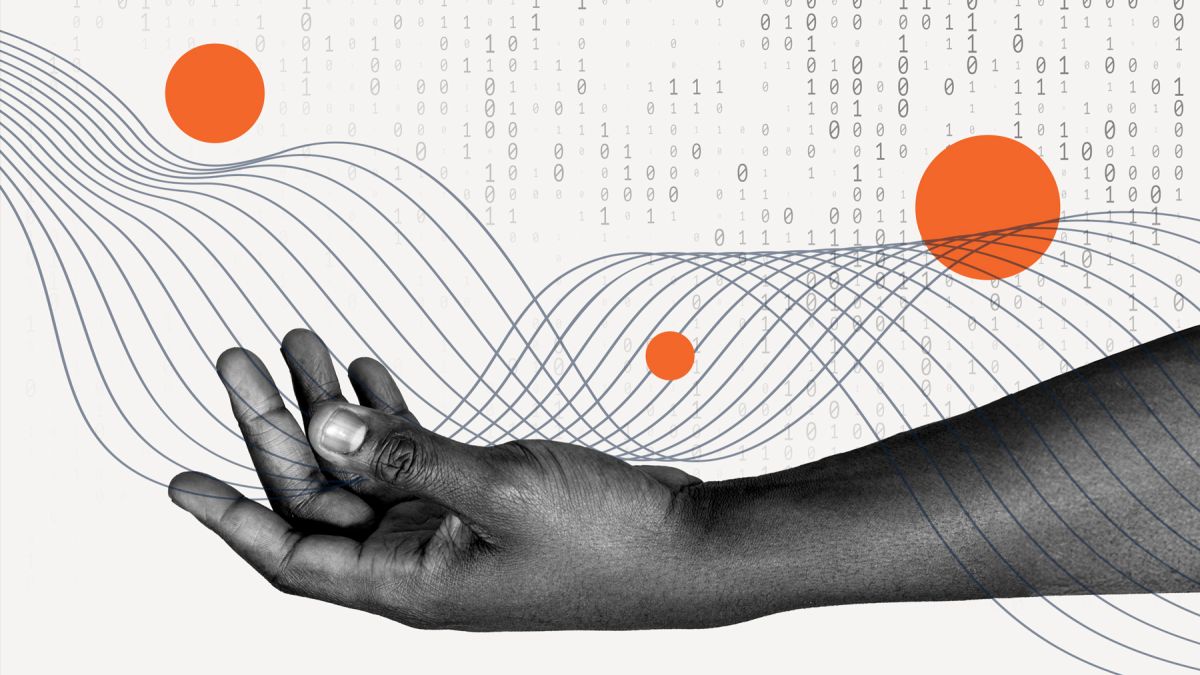Illustration of an arm holding a wave with binary numbers in the background